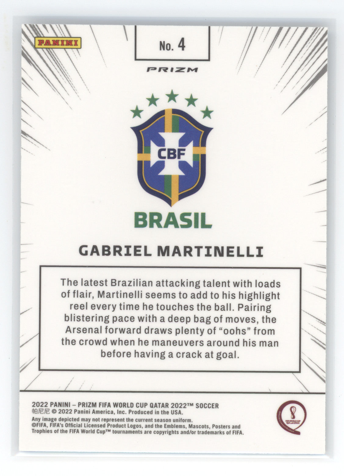 2022 Panini Prizm FIFA World Cup Qatar Manga Gabriel Martinelli #4 RC