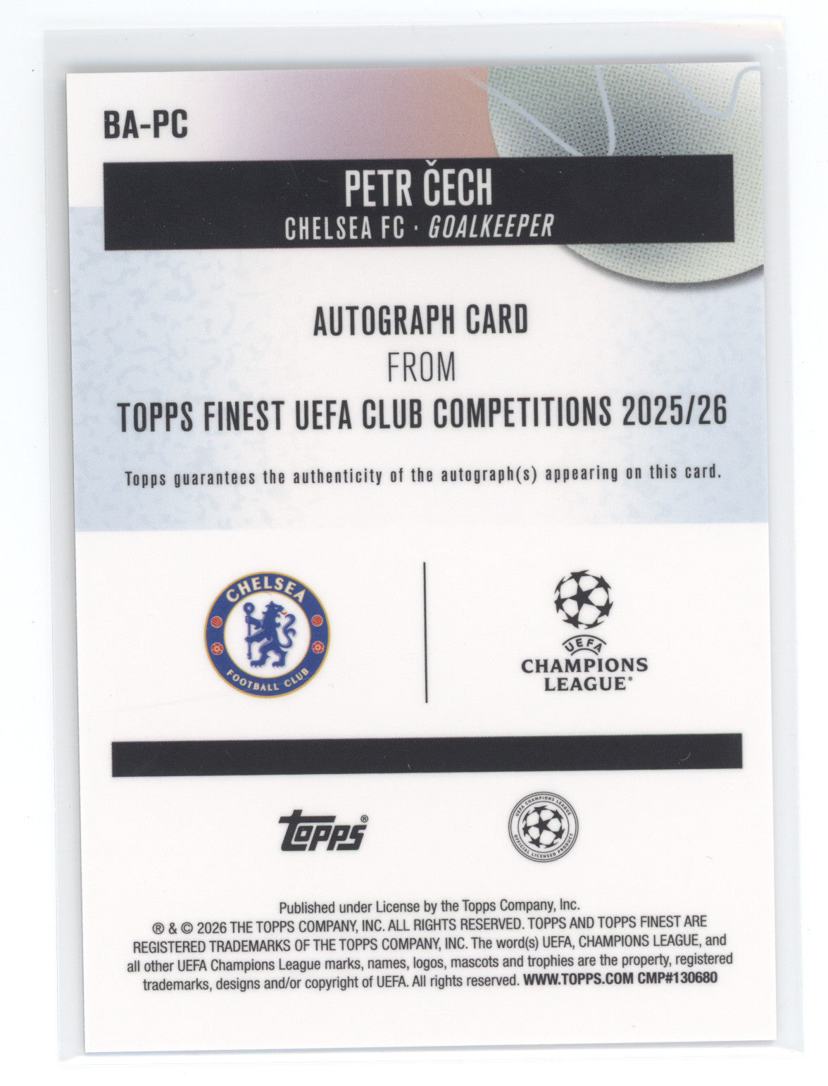 2026 Topps Finest UEFA Club Competitions Petr Čech #BA-PC Purple 67/75 Autograph