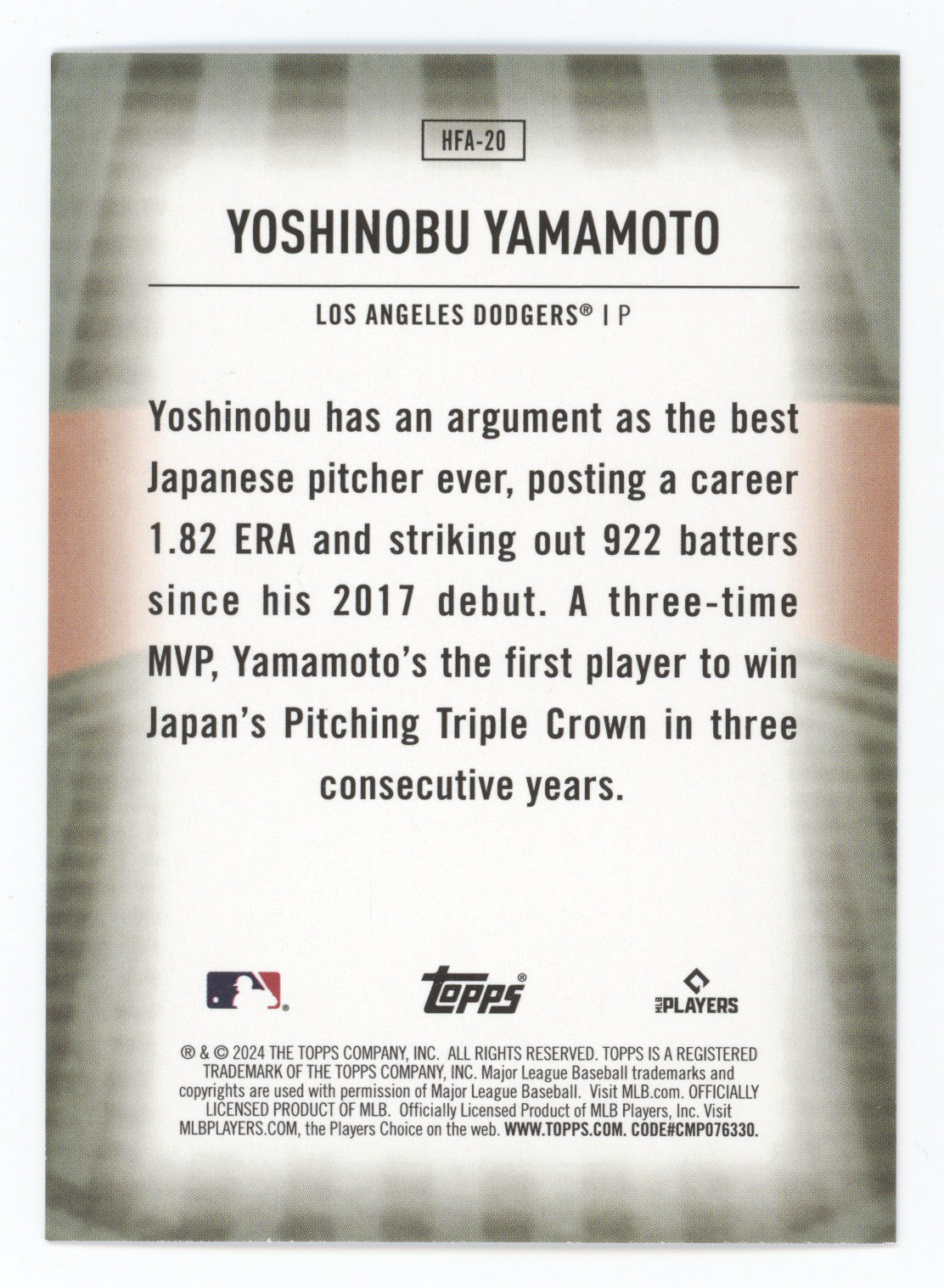 2024 Topps Home Field Advantage Yoshinobu Yamamoto #HFA-20 RC
