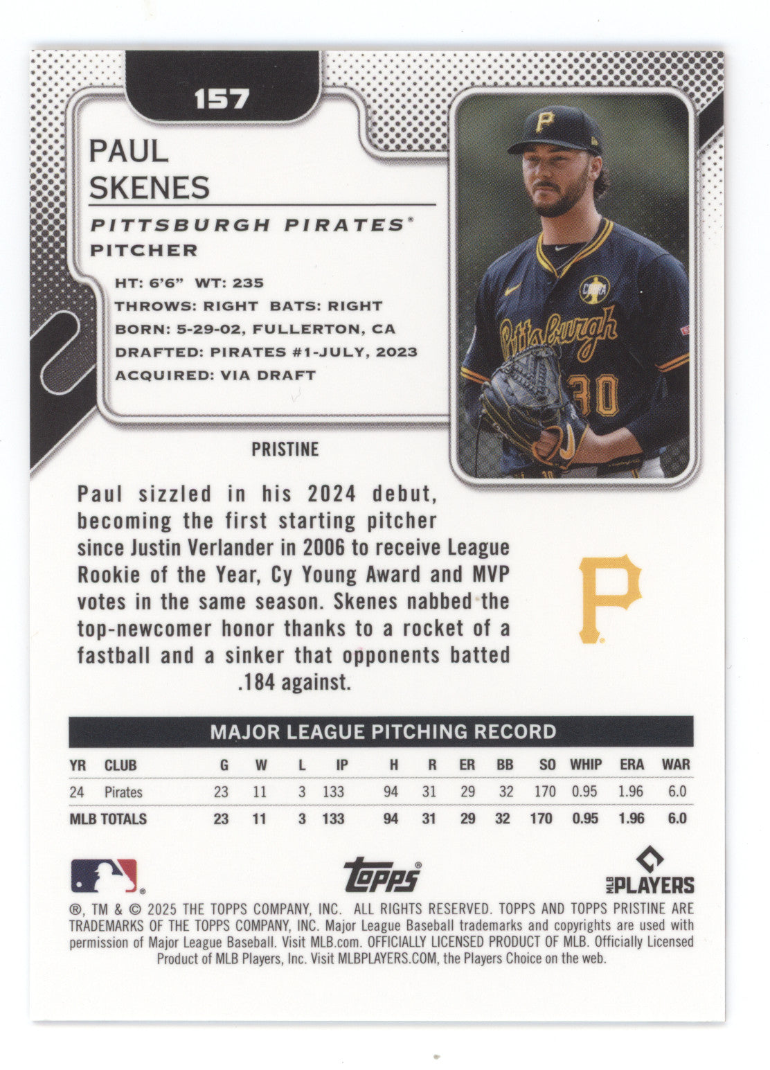 2025 Topps Pristine Paul Skenes #157 Orange Pulsar