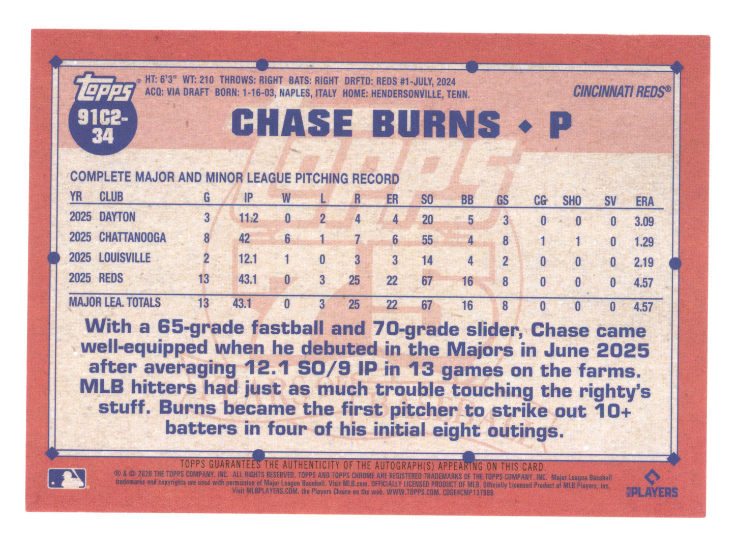 2026 Topps Chrome 1991 Autograph Chase Burns #34 Gold Mojo Refractor RC 32/50