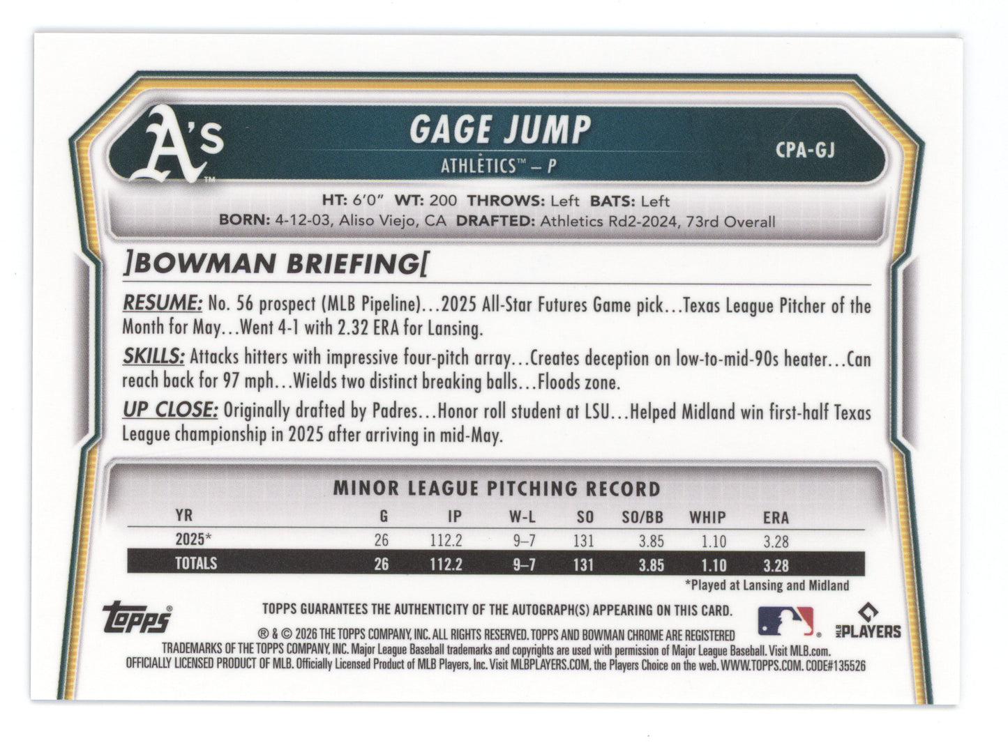 2026 Bowman Chrome Prospect Autograph Gage Jump #CPA-GJ Green Reptilian 60/99