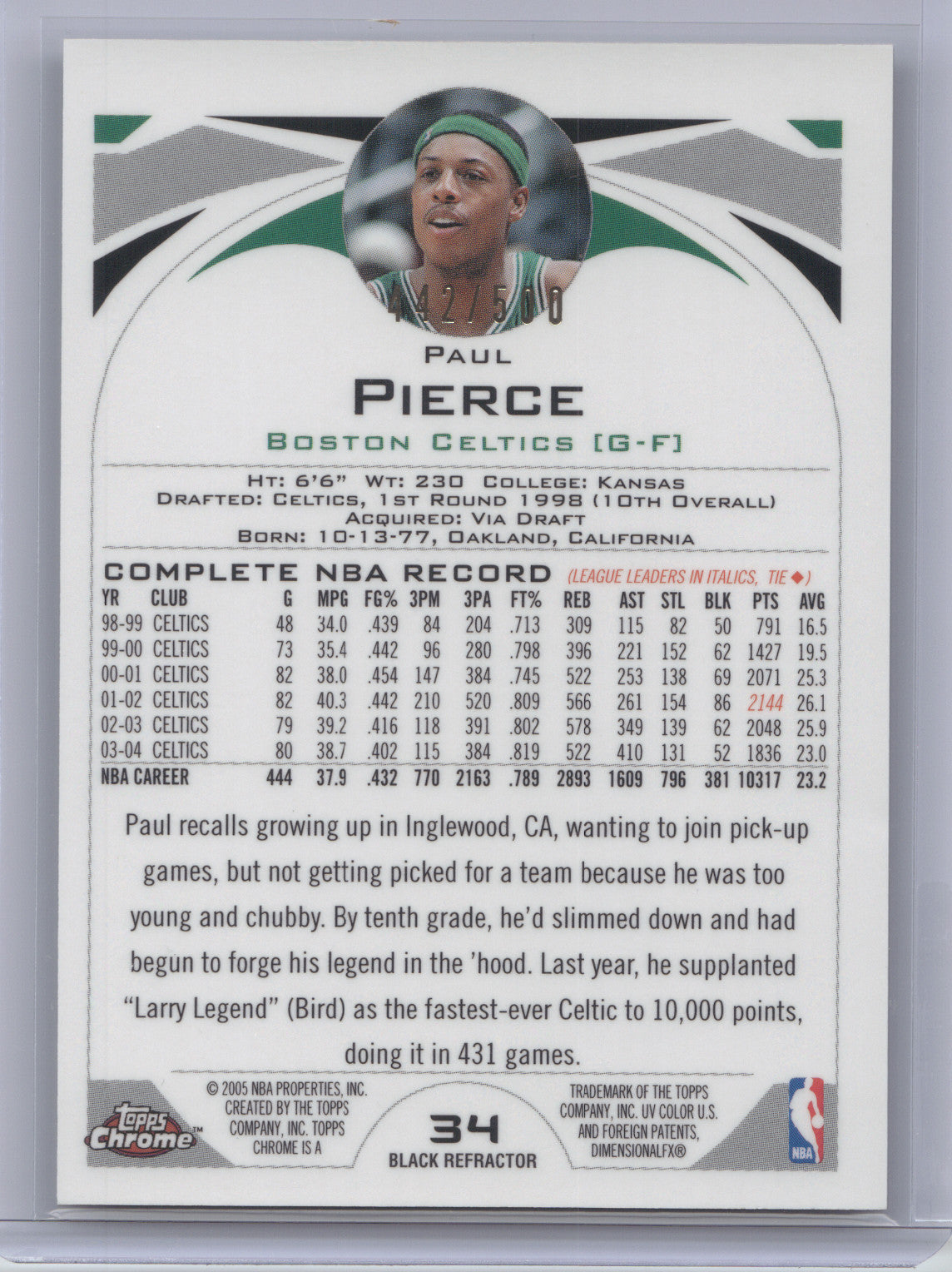 2005 Topps Chrome Paul Pierce #34 Black Refractor 442/500