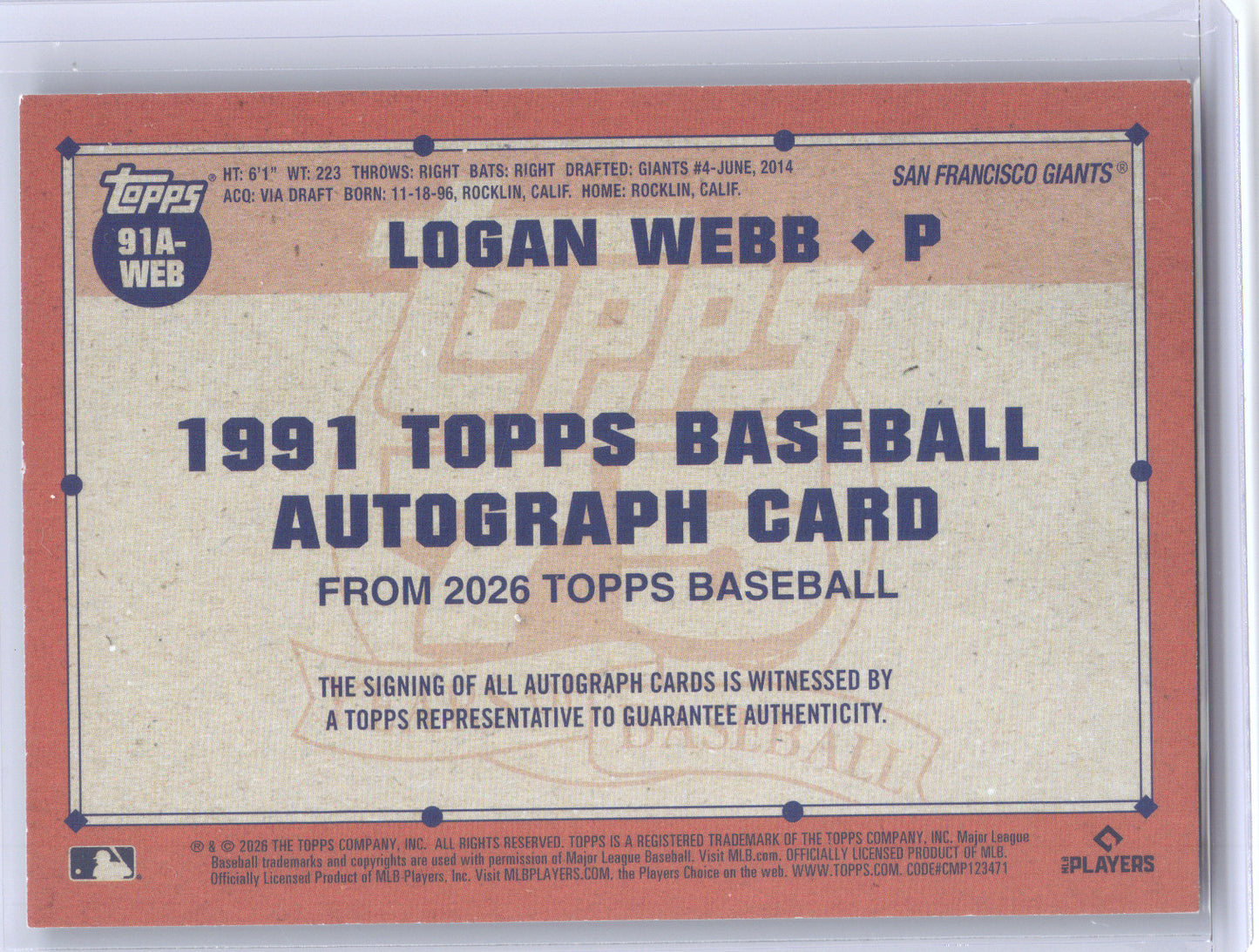 2026 Topps Baseball 1991 Autograph Logan Webb #91A-WEB Green 11/99