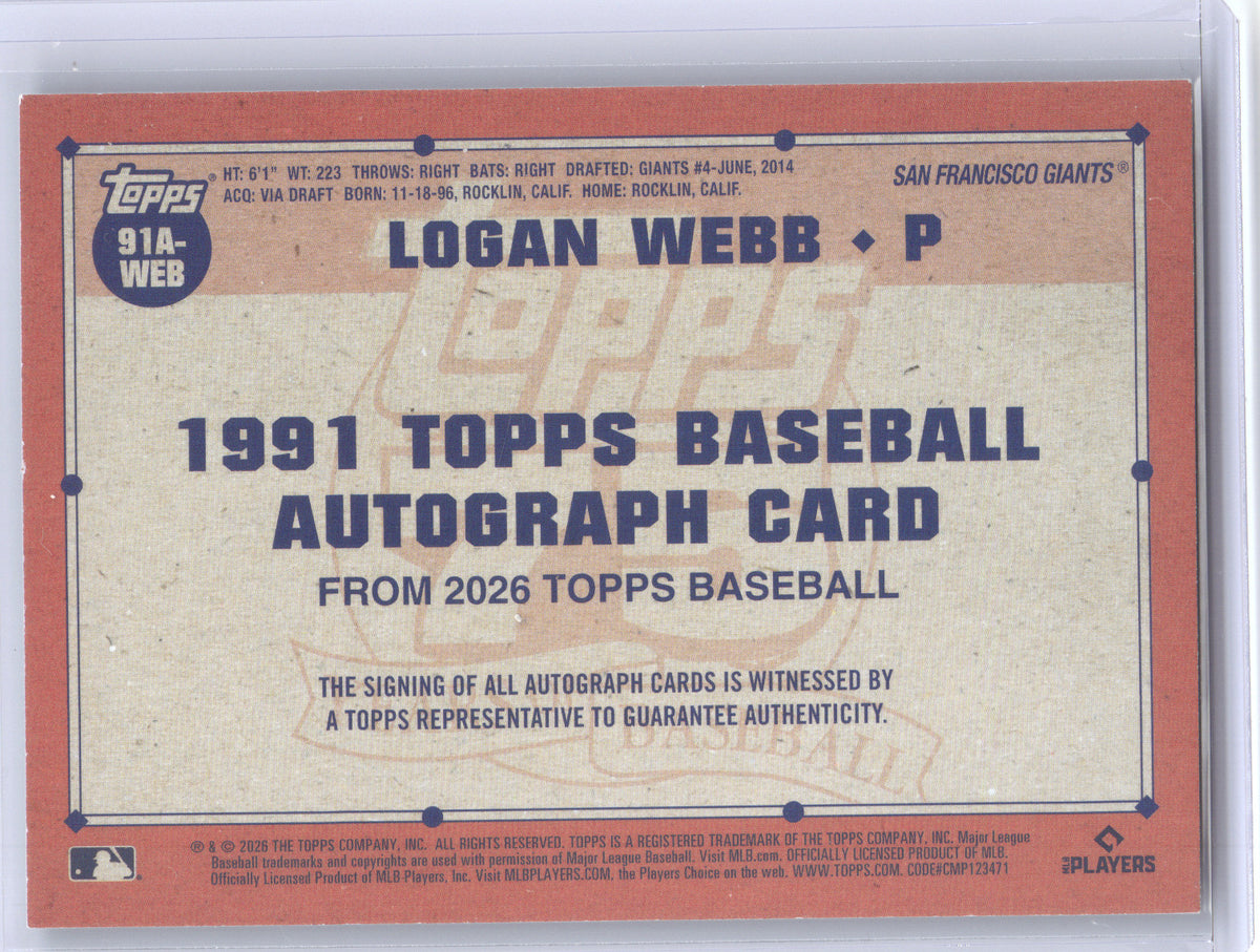 2026 Topps Baseball 1991 Autograph Logan Webb #91A-WEB Green 11/99