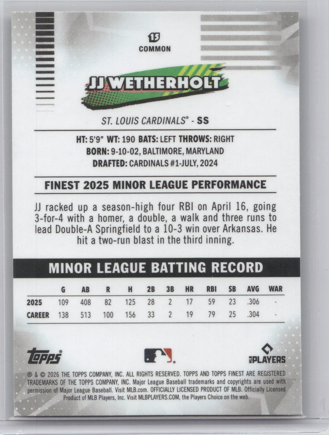 2026 Topps Finest JJ Wetherholt #15 Yellow Refractor 194/275 RC