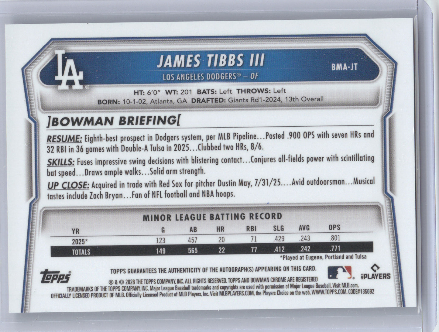 2026 Bowman Chrome Mega Autograph James Tibbs III #BMA-JT Mojo Refractor