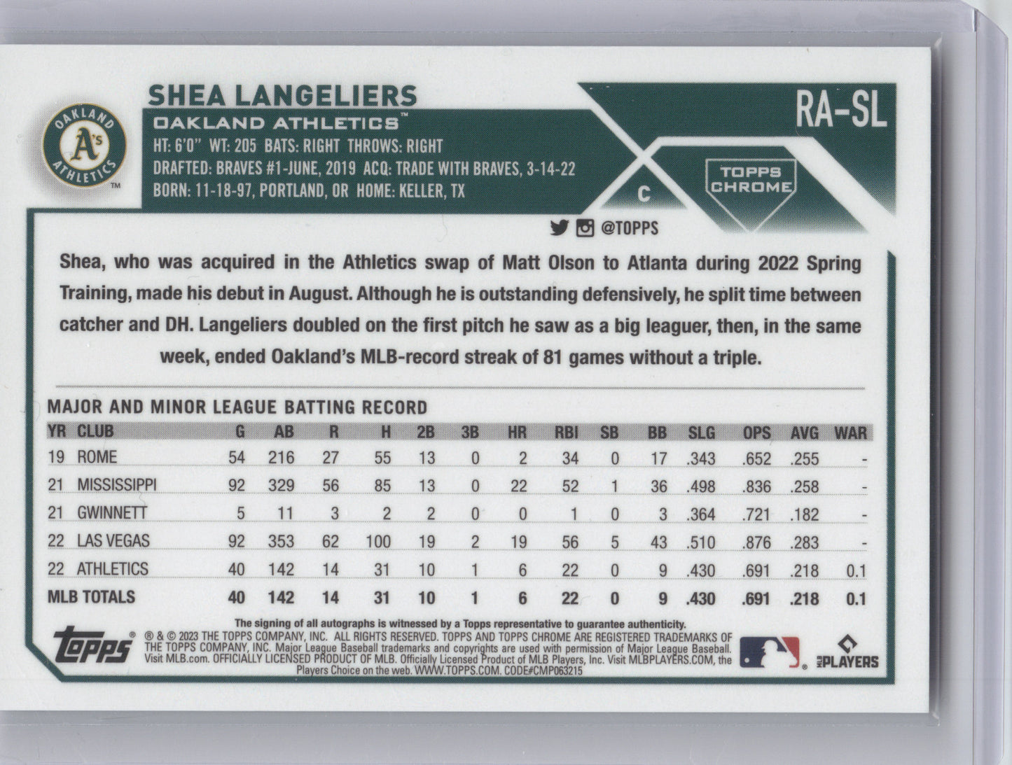 2023 Topps Chrome Rookie Autograph Shea Langeliers #RA-SL RC