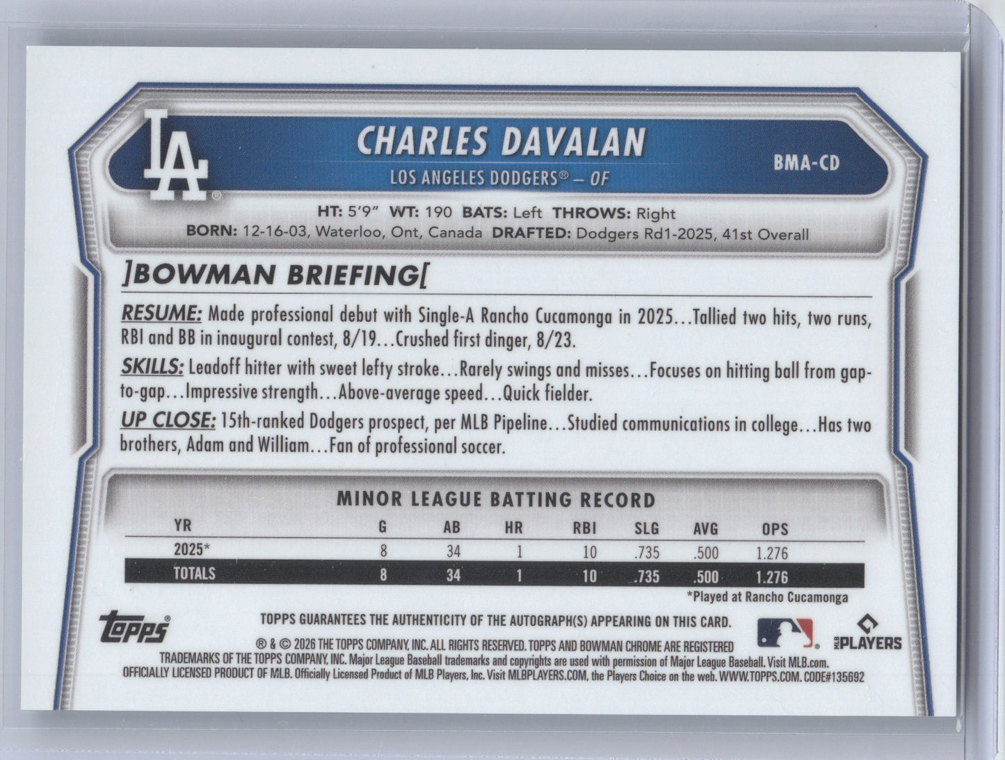 2026 Bowman Chrome Mega Autograph Charles Davalan #BMA-CD Aqua Mojo Ref. 077/125