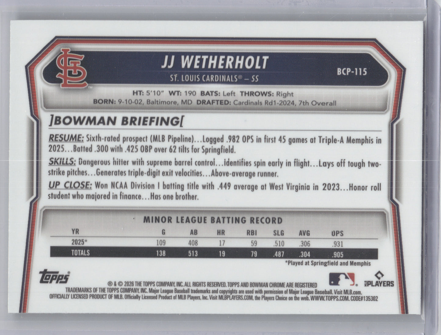 2026 Bowman Chrome Prospects JJ Wetherholt #BCP-115 Green Reptilian Ref. 58/99
