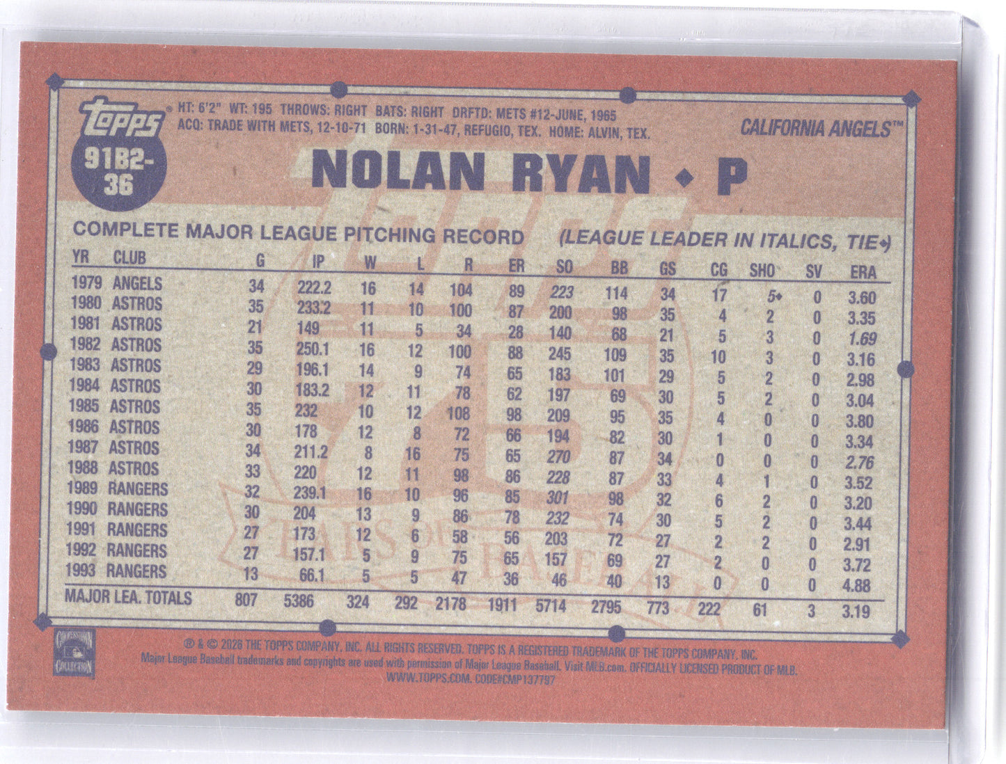 2026 Topps 1991 Baseball Nolan Ryan #91B2-36 32/90