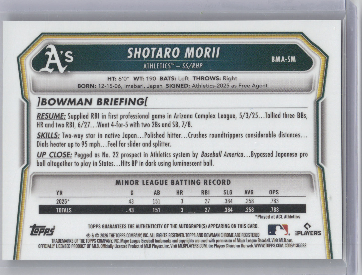 2026 Bowman Chrome Mega Autograph Shotaro Morii #BMA-SM Mojo Refractor