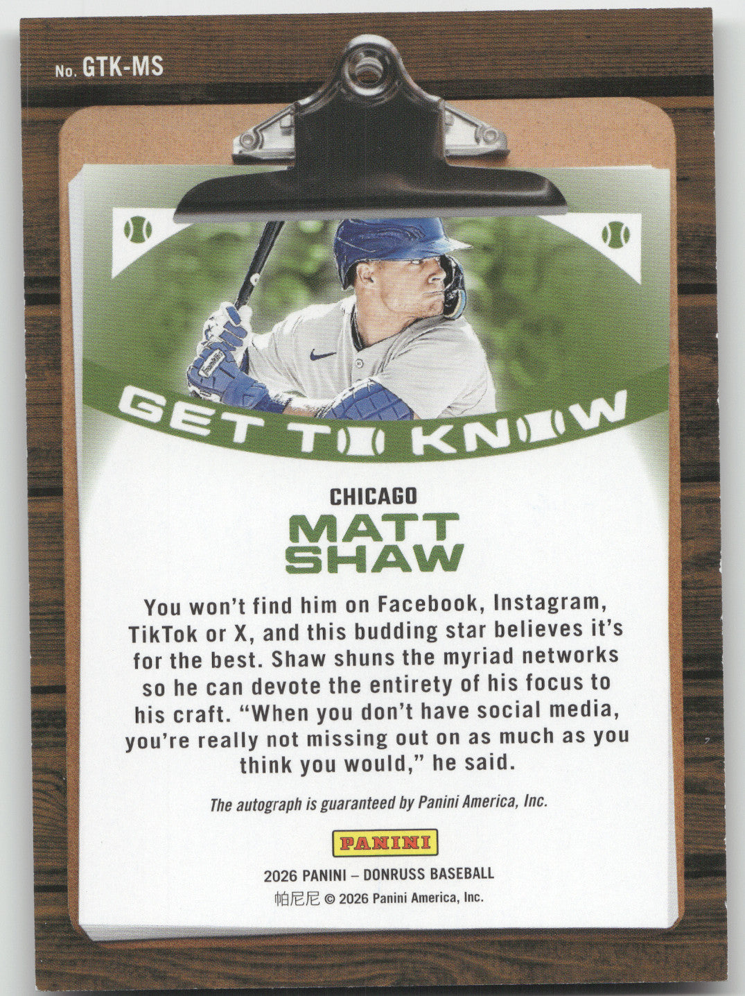 2026 Panini Donruss Baseball Get To Know Matt Shaw #GTK-MS