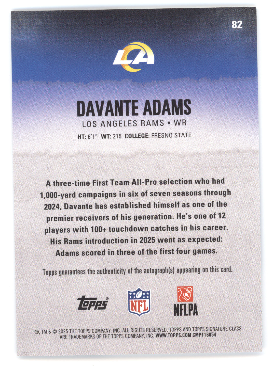 2025 Topps Signature Veteran Class Autographs Davante Adams #82 Blue 1/5