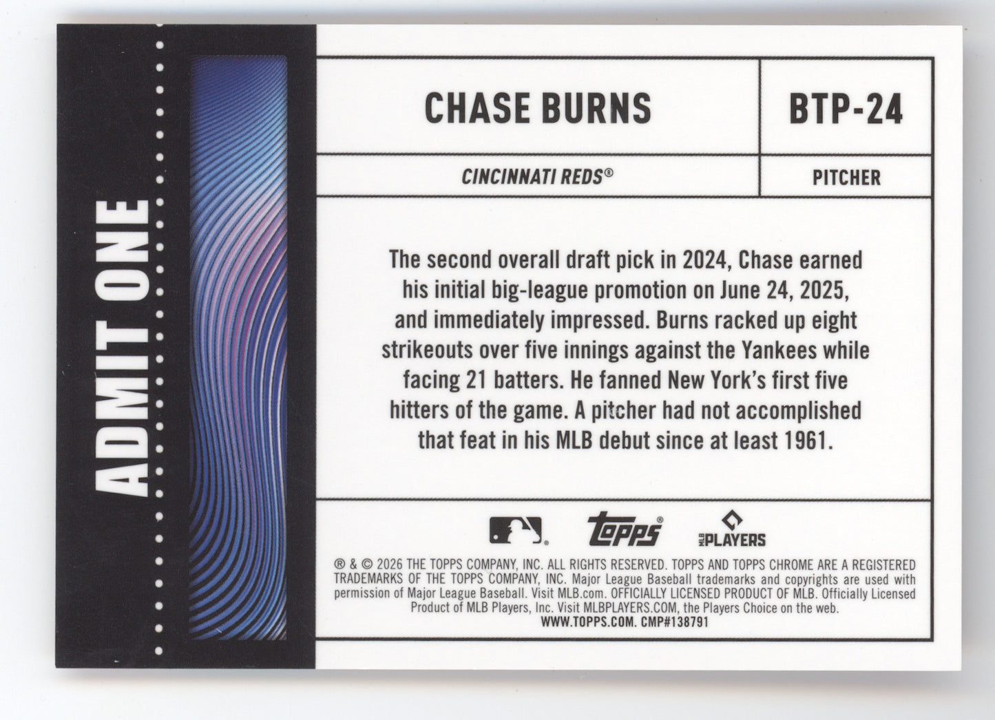 2026 Topps Chrome Big Ticket Players Chase Burns #BTP-24 Orange Wave 21/25 RC