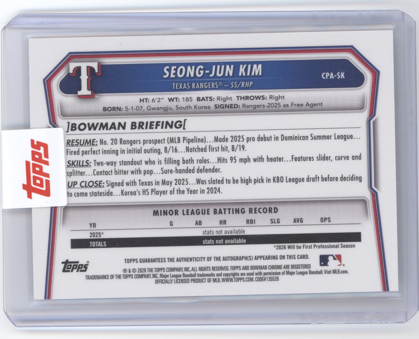 2026 Bowman Chrome Prospect Autograph Seong-Jun Kim #SK Mojo Refractor 071/150