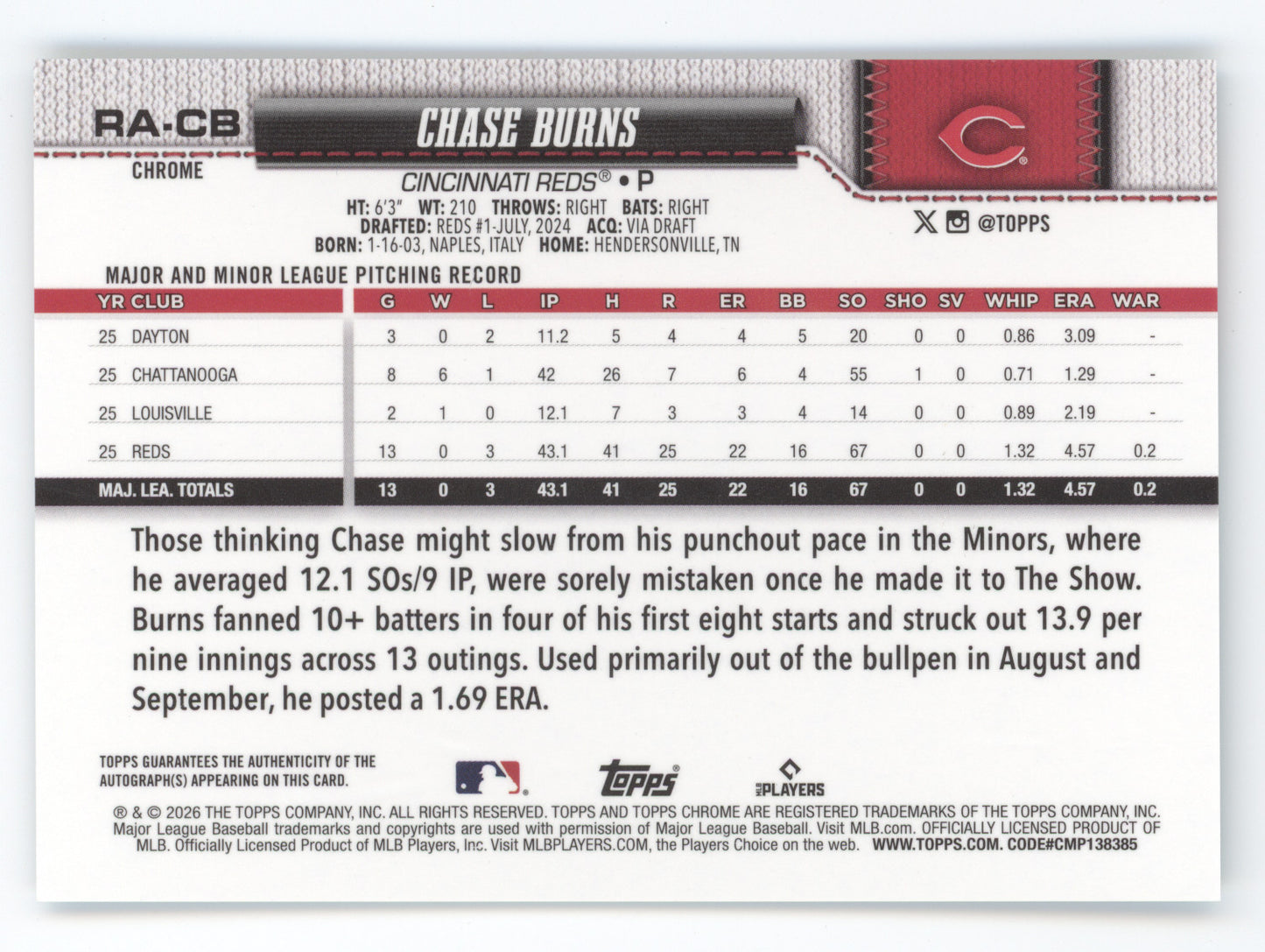 2026 Topps Chrome Rookie Autographs Chase Burns #RA-CB Teal RC 159/299