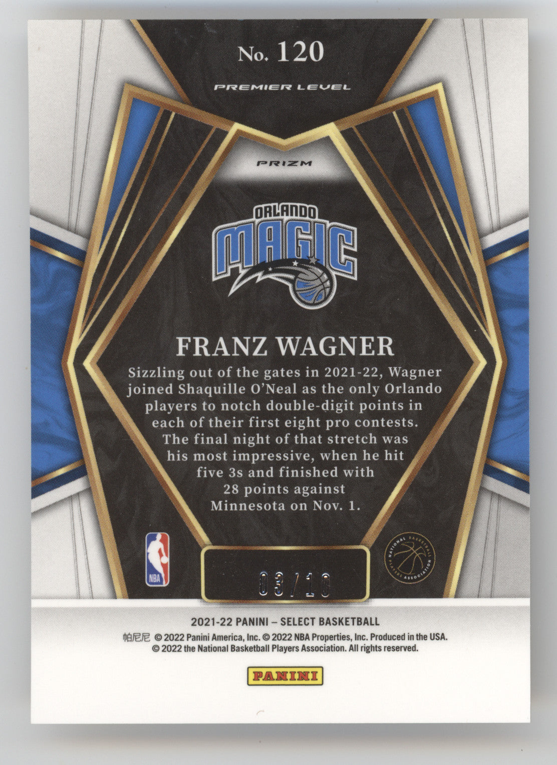 2021 Panini Select Franz Wagner #120 Gold Shimmer 03/10 RC