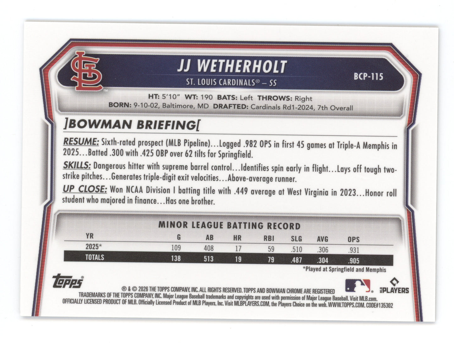 2026 Bowman Chrome Prospects JJ Wetherholt #BCP-115 Gold Refractor 38/50