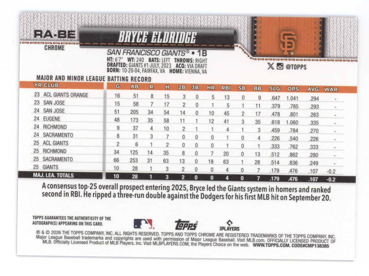 2026 Topps Chrome Rookie Autograph Bryce Eldridge #RA-BE Pink RC 018/250