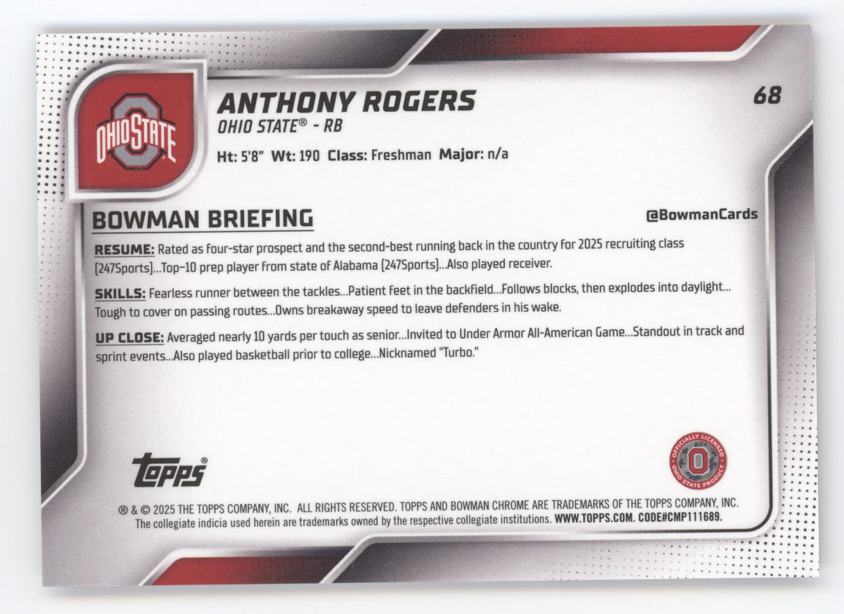 2025 Bowman Chrome University Anthony Rogers #68 Red Sapphire 1st Bowman
