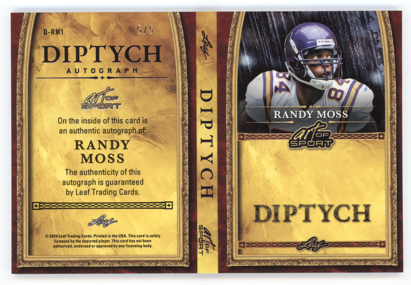 2026 Leaf Art of Sport Diptych Autograph Randy Moss #D-RM1 Emerald 5/5