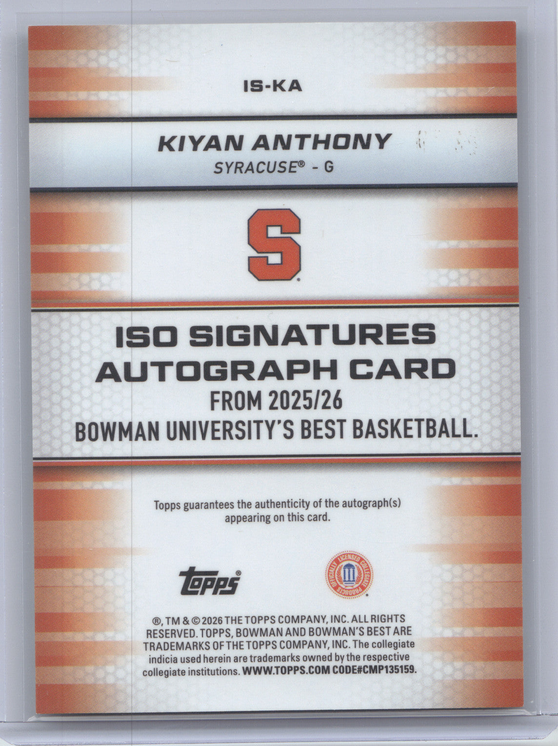 2025 Bowman University Best Basketball Kiyan Anthony #IS-KA Autograph Gold 23/50