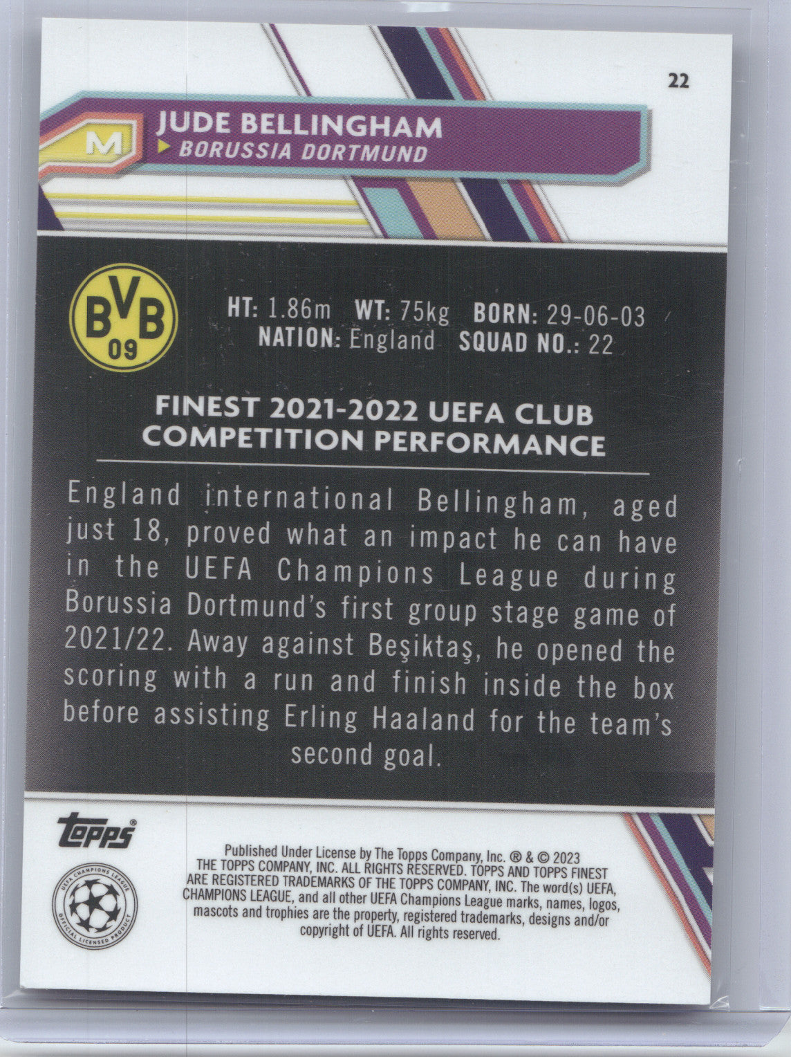 2022 Topps Finest UEFA Club Competitions Jude Bellingham #22 Rose Gold Ref 58/75