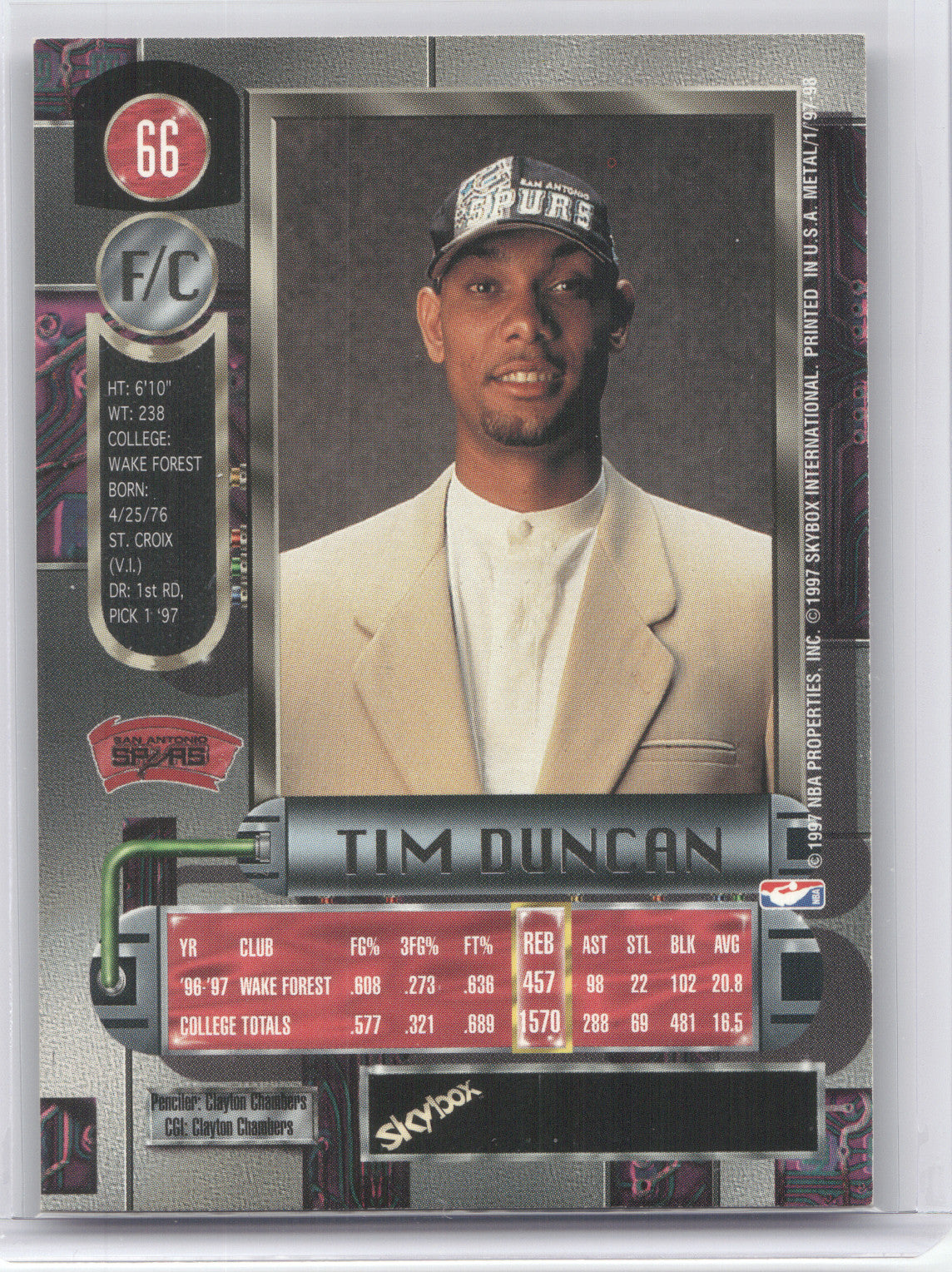1997 SkyBox Metal Universe Tim Duncan #66 RC