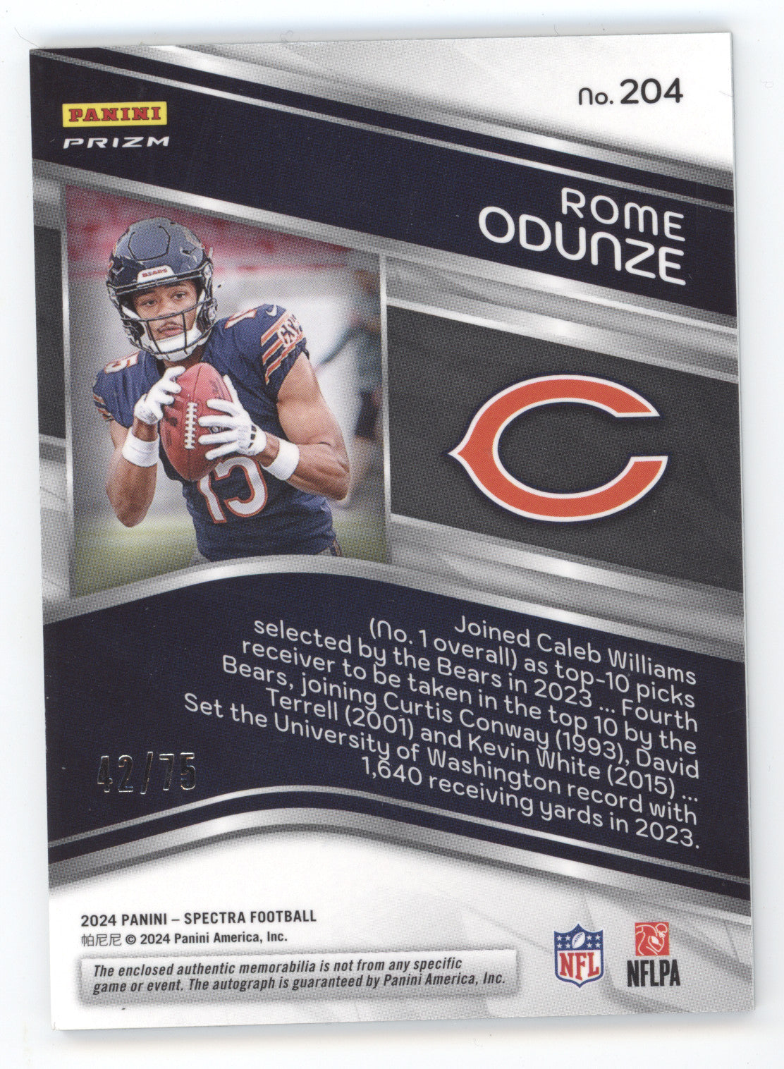 2024 Panini Spectra Rome Odunze #204 Celestial Rookie Patch Autograph 42/75 RC