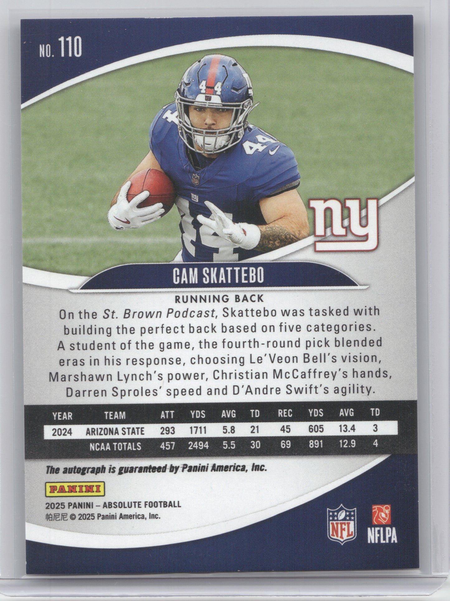 2025 Panini Absolute Football Cam Skattebo #110 Autograph RC