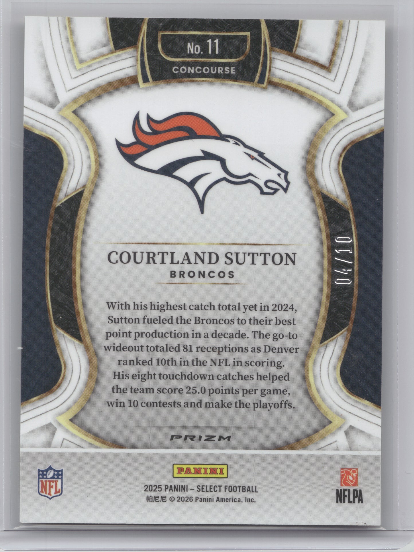 2025 Panini Select Prizm Courtland Sutton #11 Gold Shock 04/10