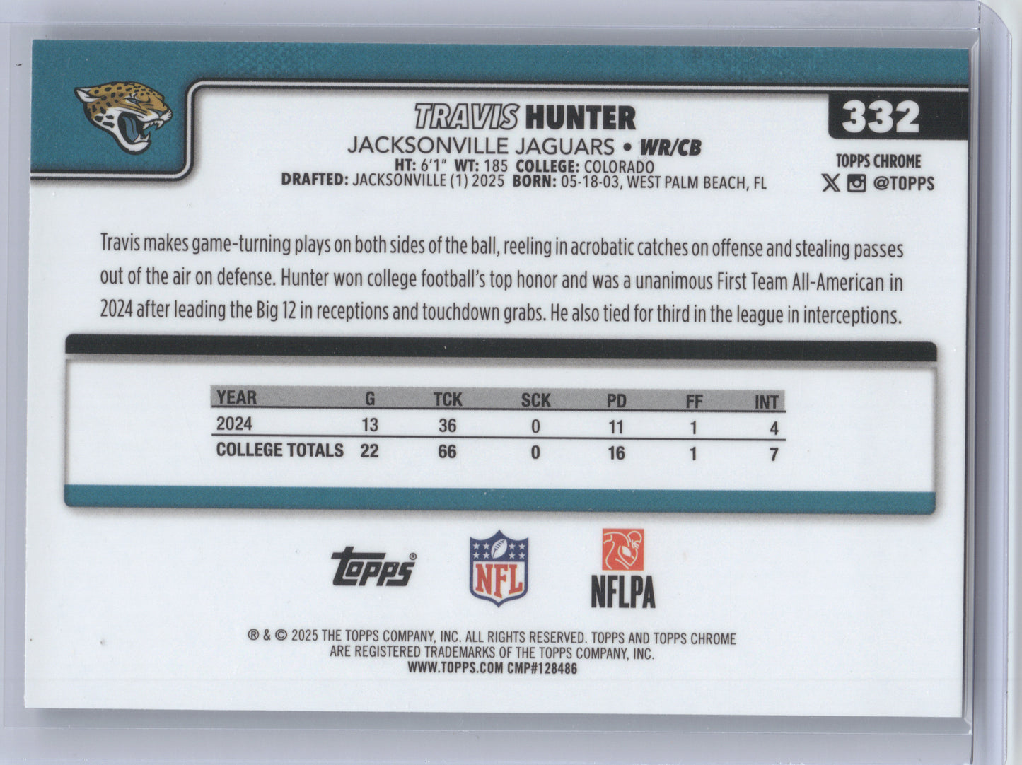 2025 Topps Chrome Travis Hunter #332 Image Variation RC