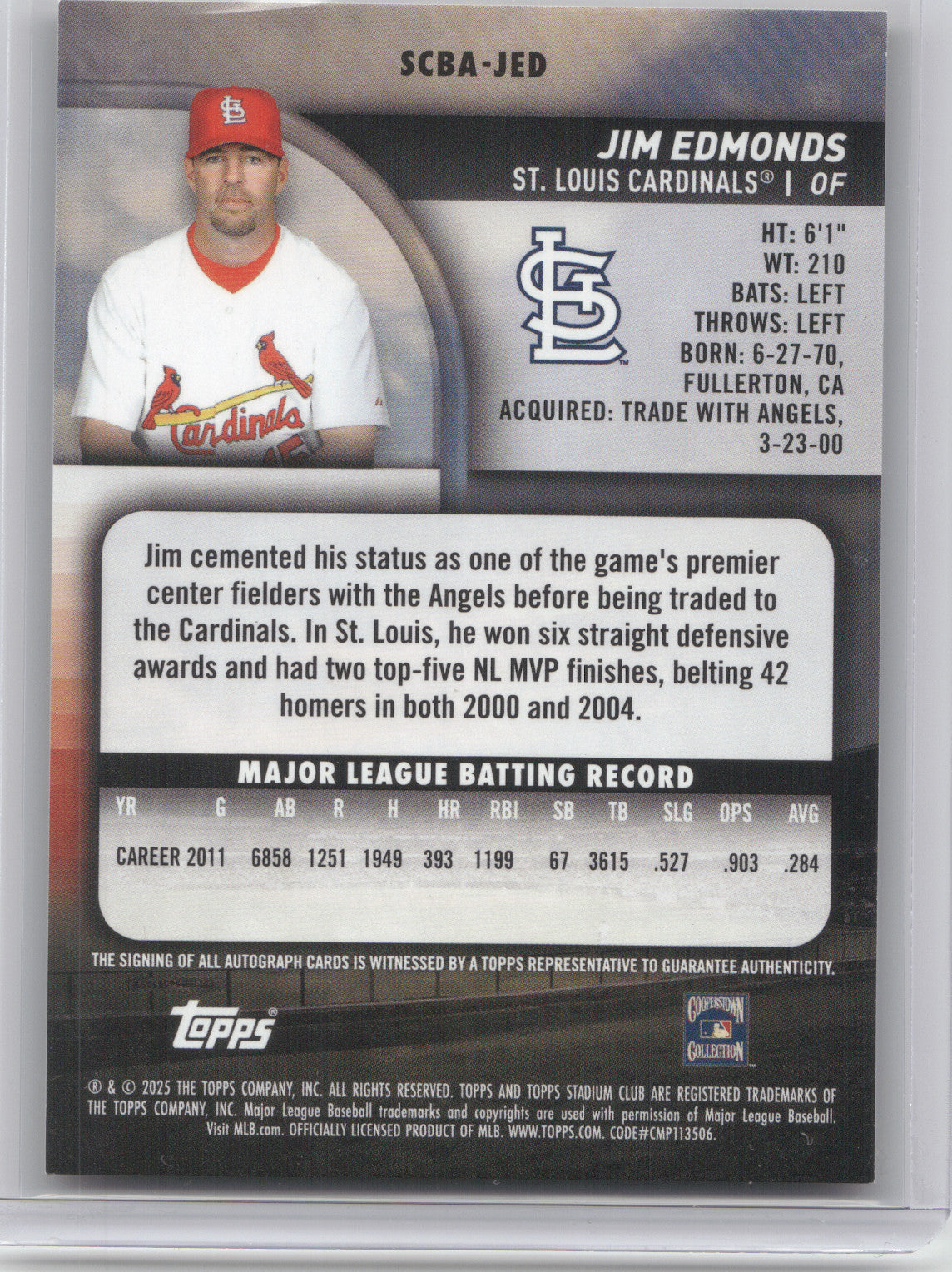 2025 Topps Stadium Club Autograph Jim Edmonds #SCBA-JED