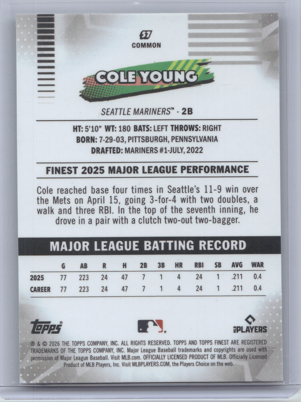 2026 Topps Finest Cole Young #57 Green Refractor RC 88/99