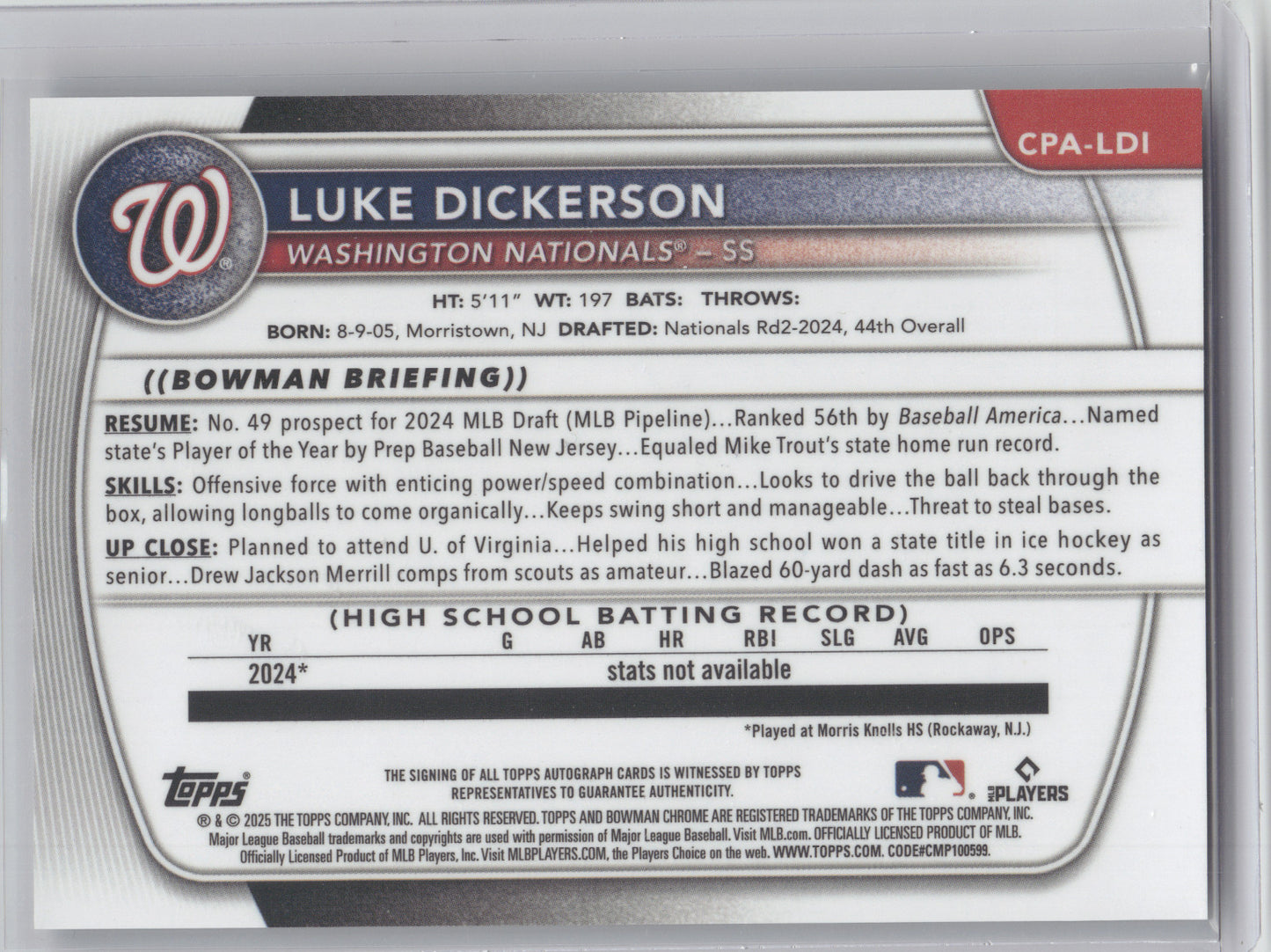 2025 Bowman Chrome Prospect Autograph Luke Dickerson #CPA-LDI