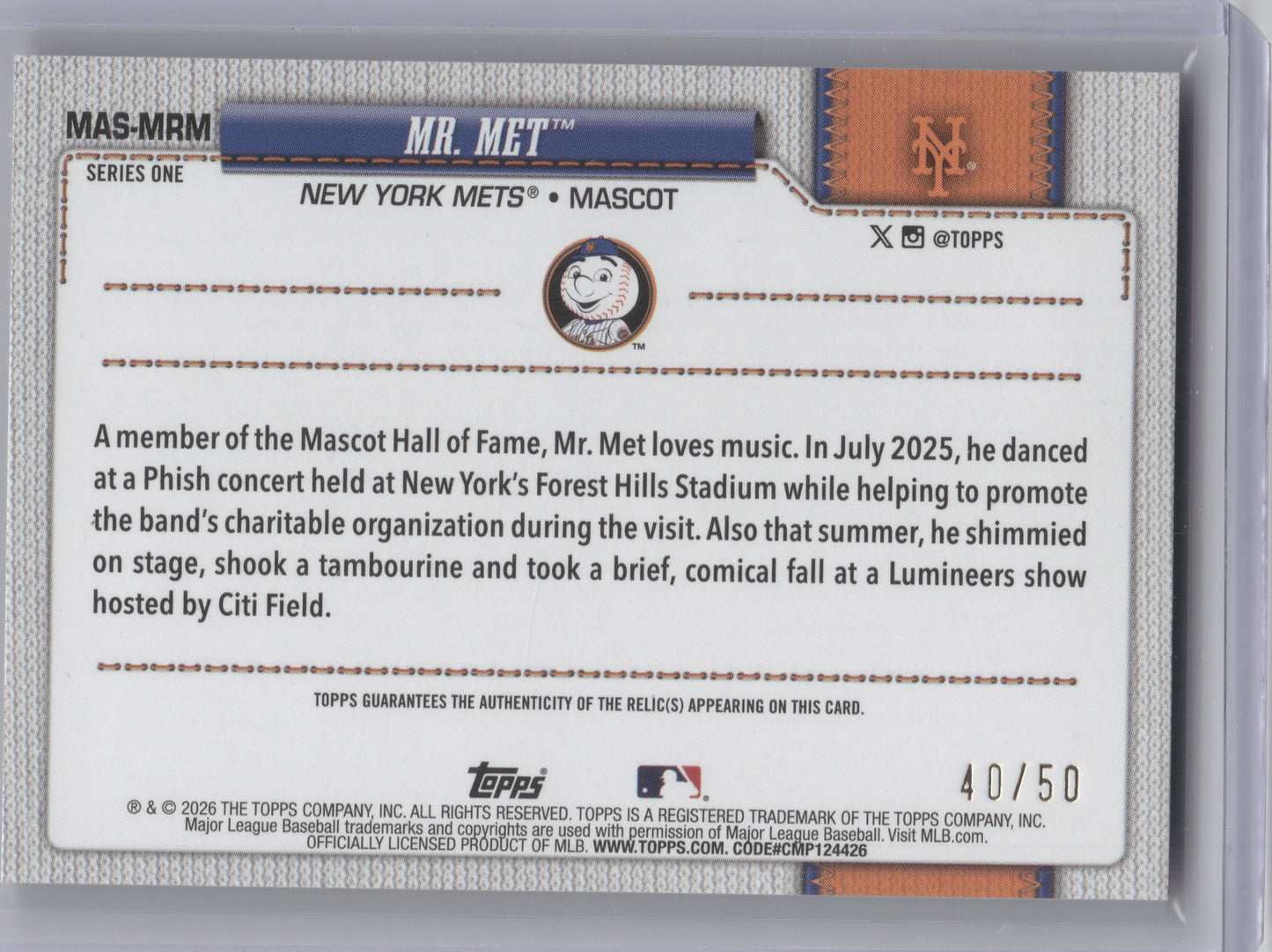 2026 Topps Celebration Mascots Relic Mr. Met #MAS-MRM Gold 40/50