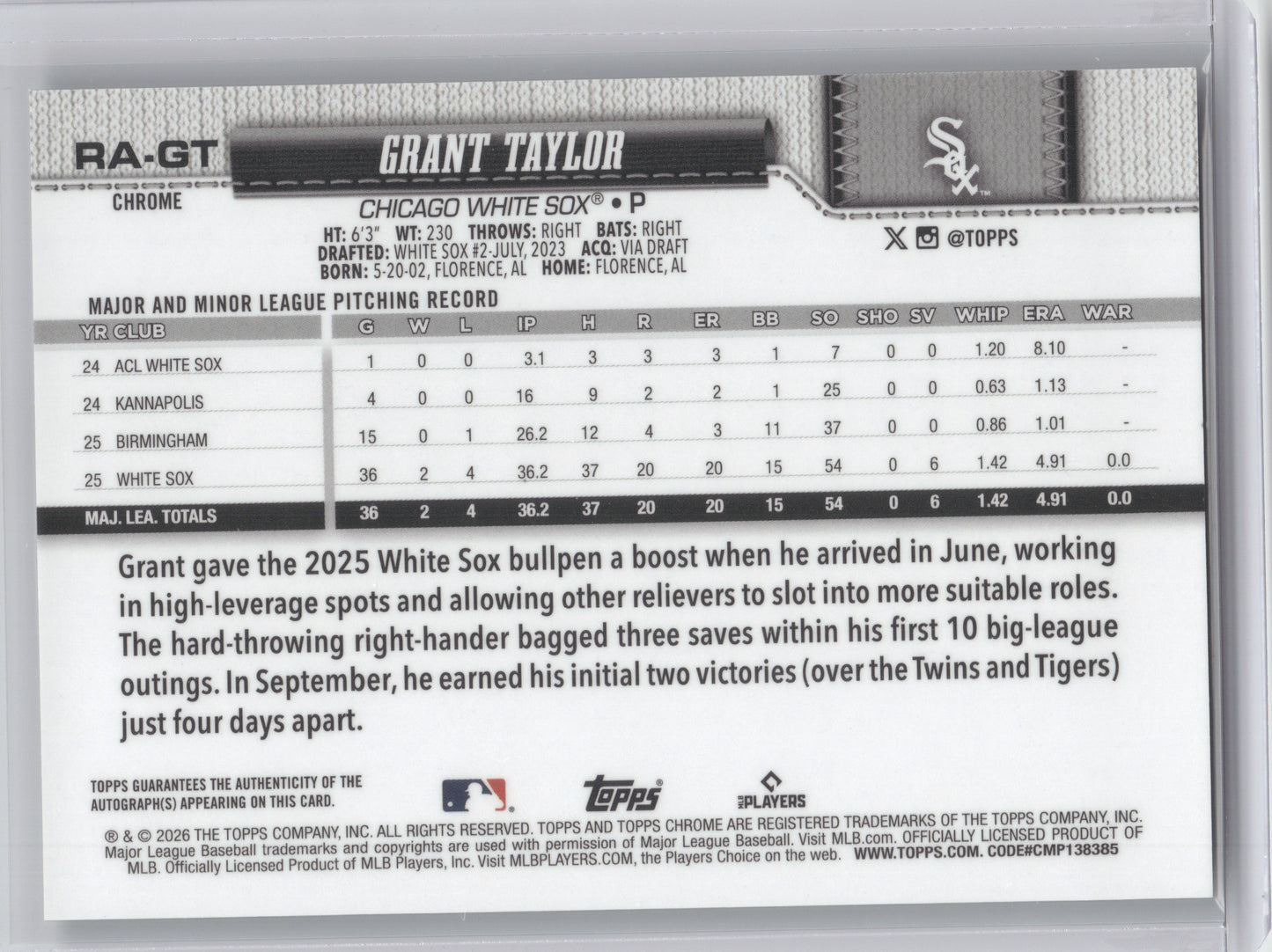 2026 Topps Chrome Autograph Grant Taylor #RA-GT Green 49/99 RC