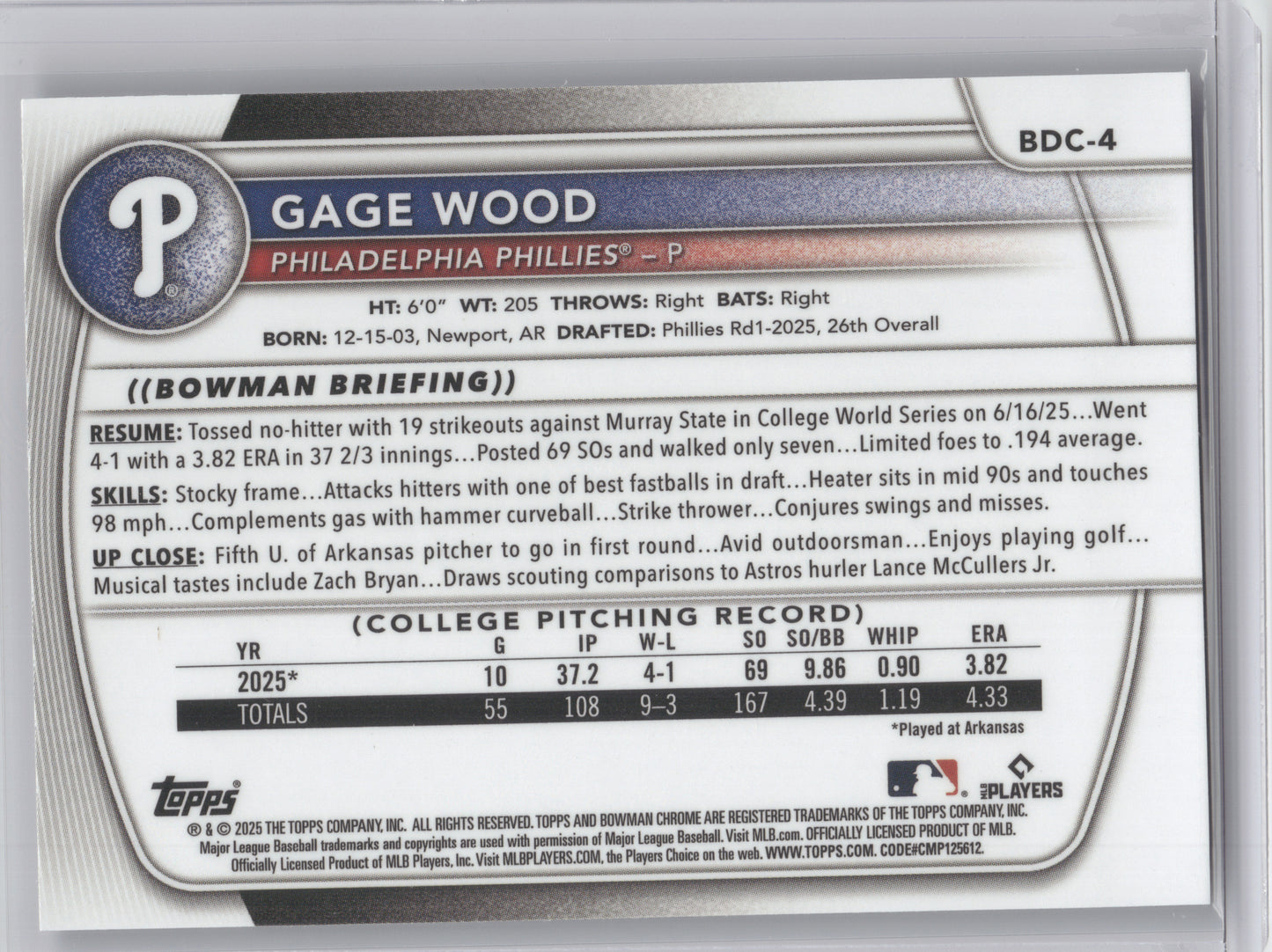 2025 Bowman Draft Chrome Gage Wood #BDC-4 Purple Refractor 047/250
