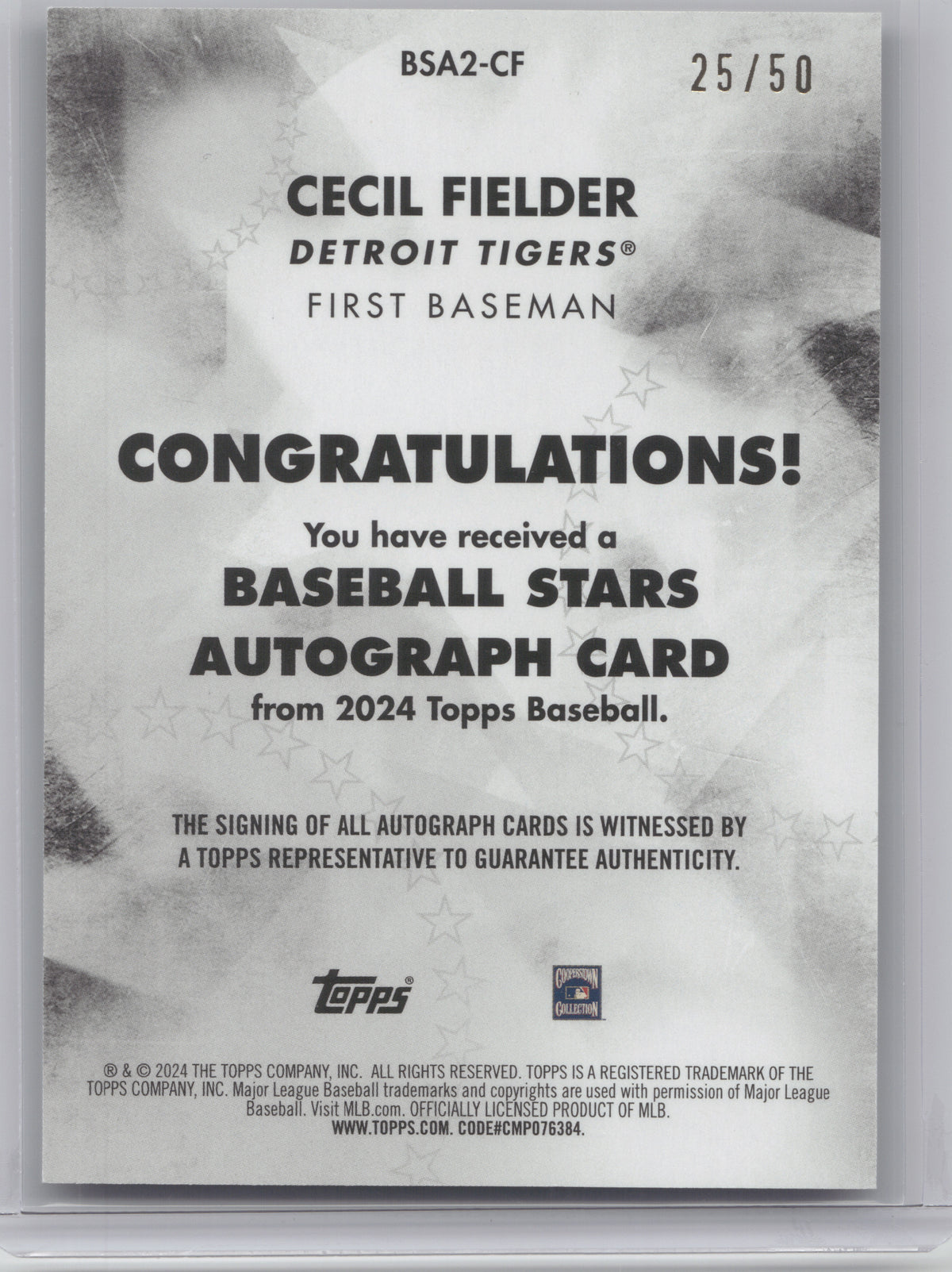 2024 Topps Baseball Stars Autographs Cecil Fielder #BSA2-CF Gold 25/50