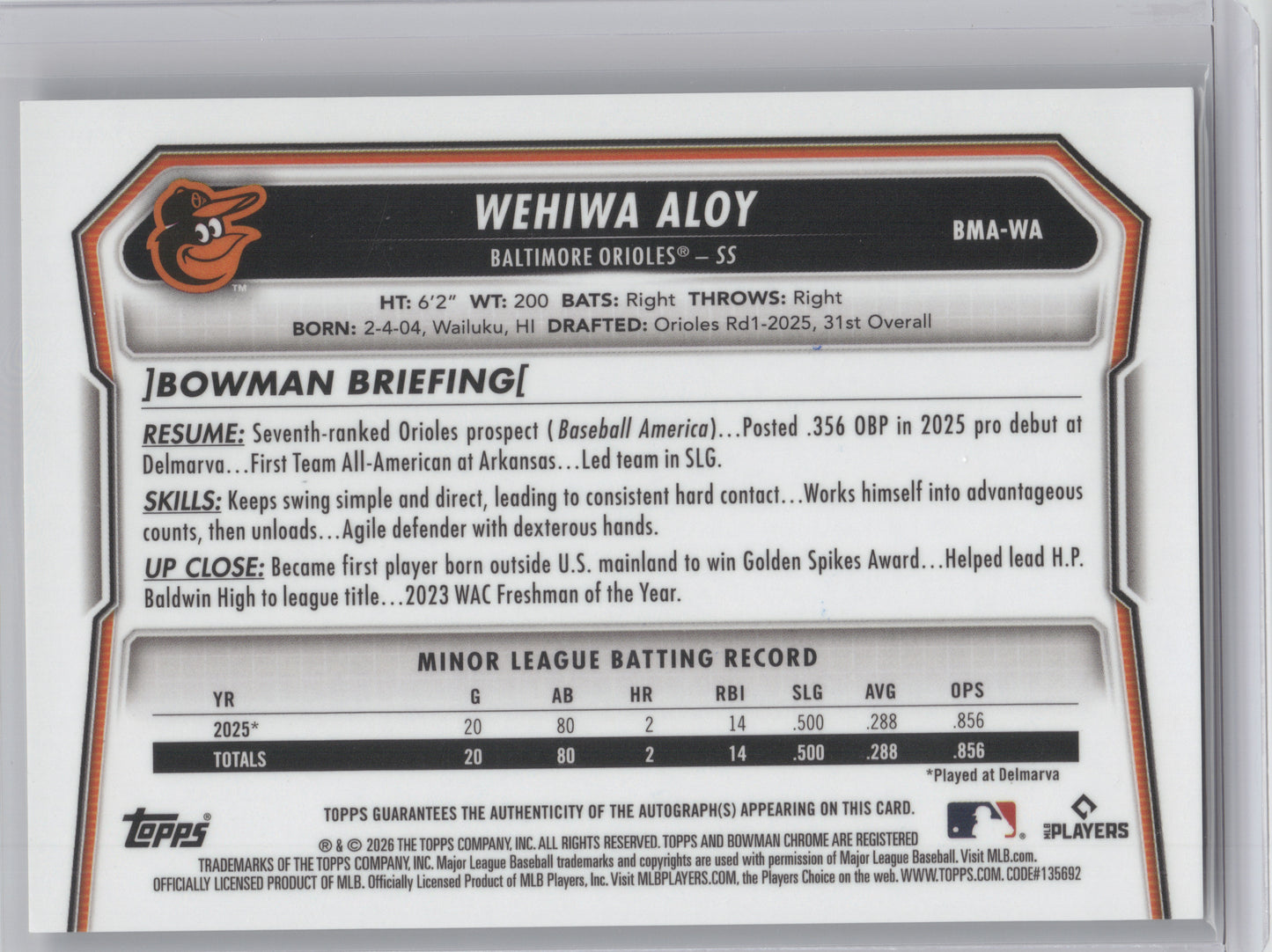 2026 Bowman Chrome Prospect Autograph Wehiwa Aloy #BMA-WA Mojo Refractor