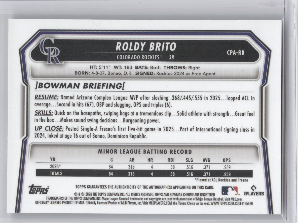 2026 Bowman Chrome Prospect Autograph Roldy Brito #CPA-RB 1st Bowman