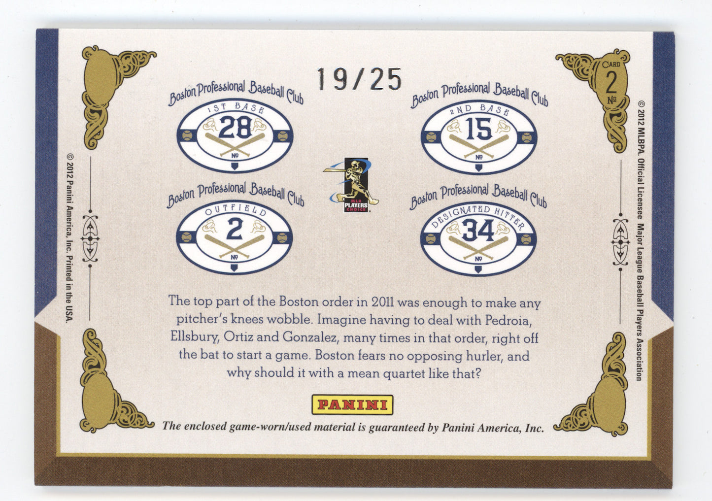 2011 Panini Prime Cuts Timeline Ortiz/Pedroia/Gonzalez/Ellsbury Quad Patch 19/25