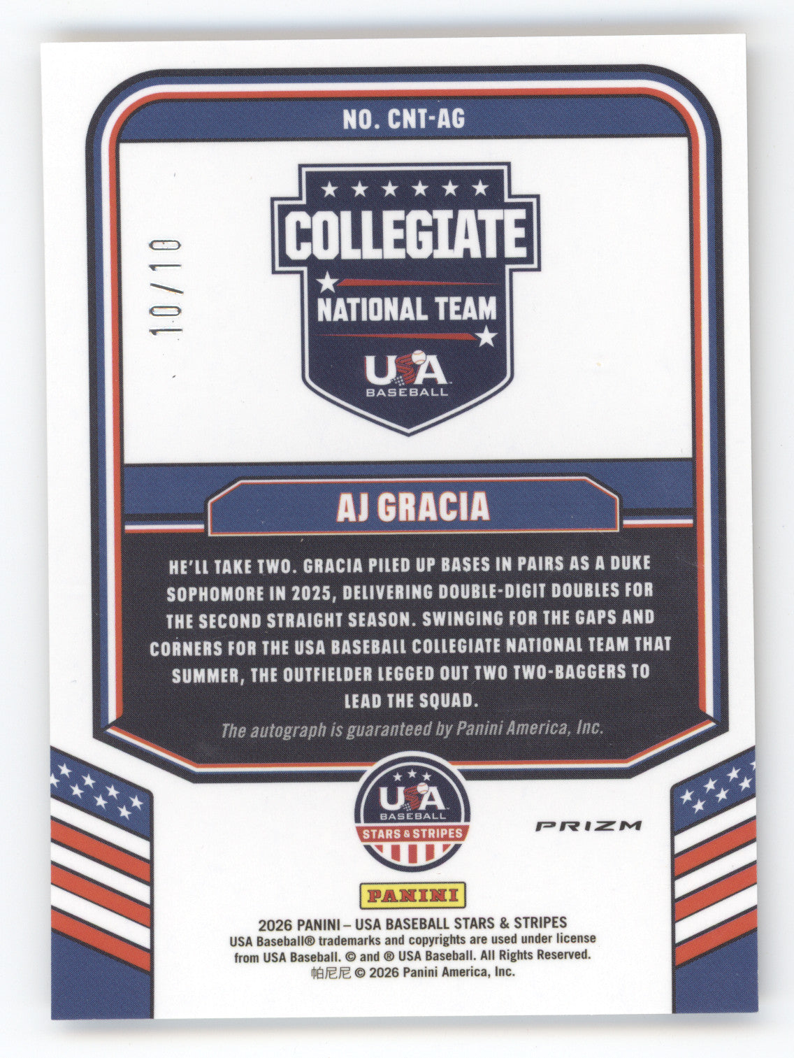 2026 Panini USA Baseball Stars & Stripes AJ Gracia #CNT-AG Autograph Gold 10/10