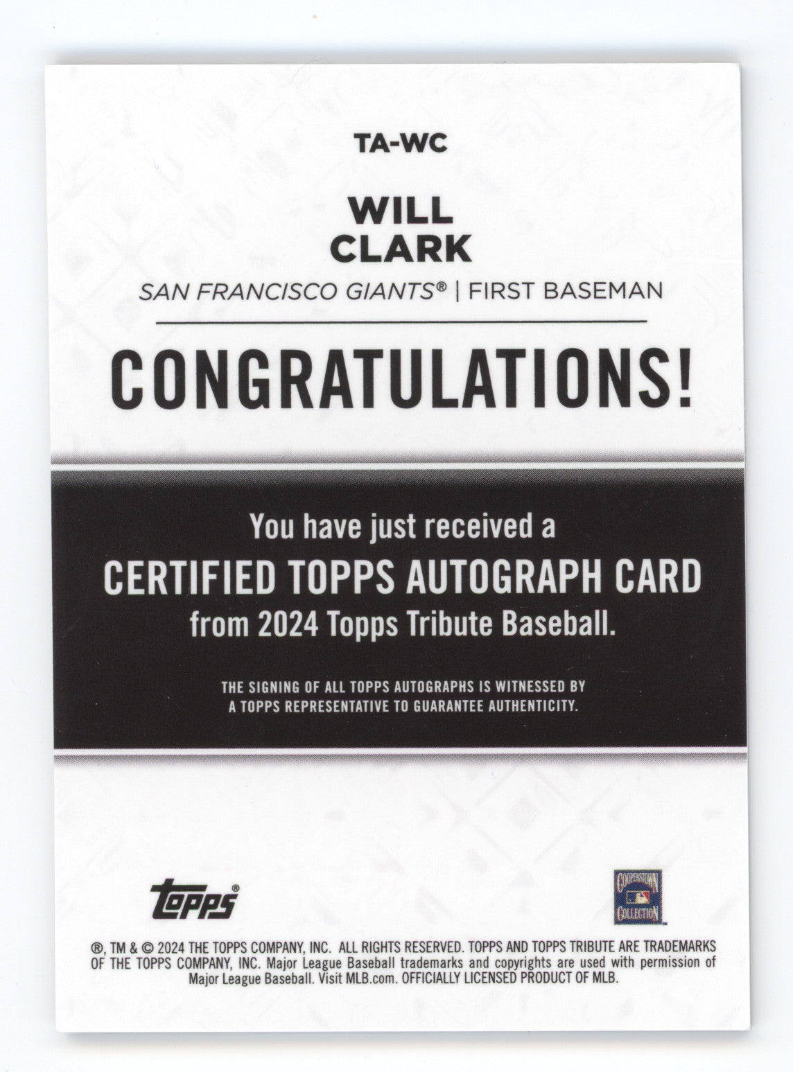 2024 Topps Tribute Autograph Will Clark #TA-WC 03/75