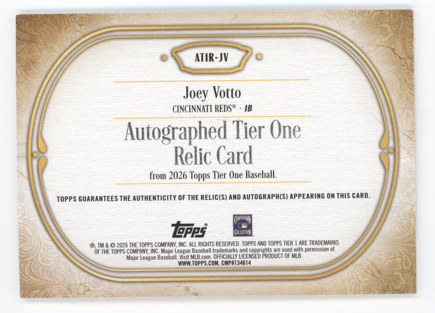 2026 Topps Tier One Joey Votto #AT1R-JV Autographed Tier One Relic Card 006/199