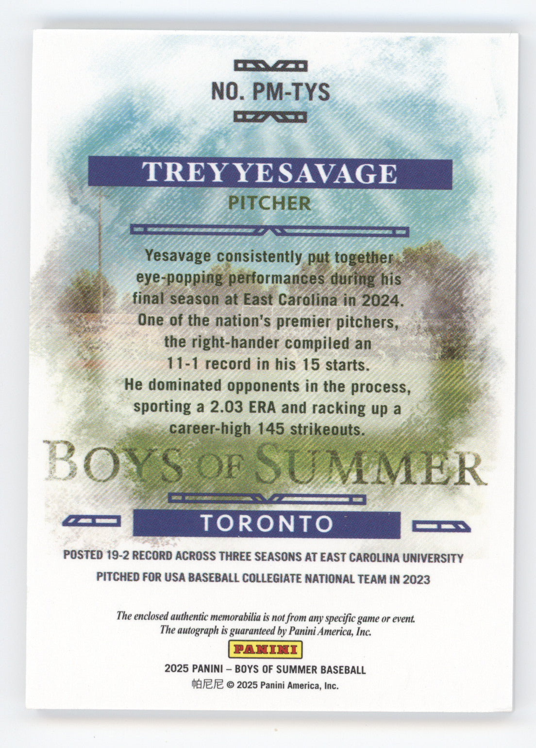 2025 Panini Boys of Summer Trey Yesavage #PM-TYS 73/99 Authentic Jersey Patch