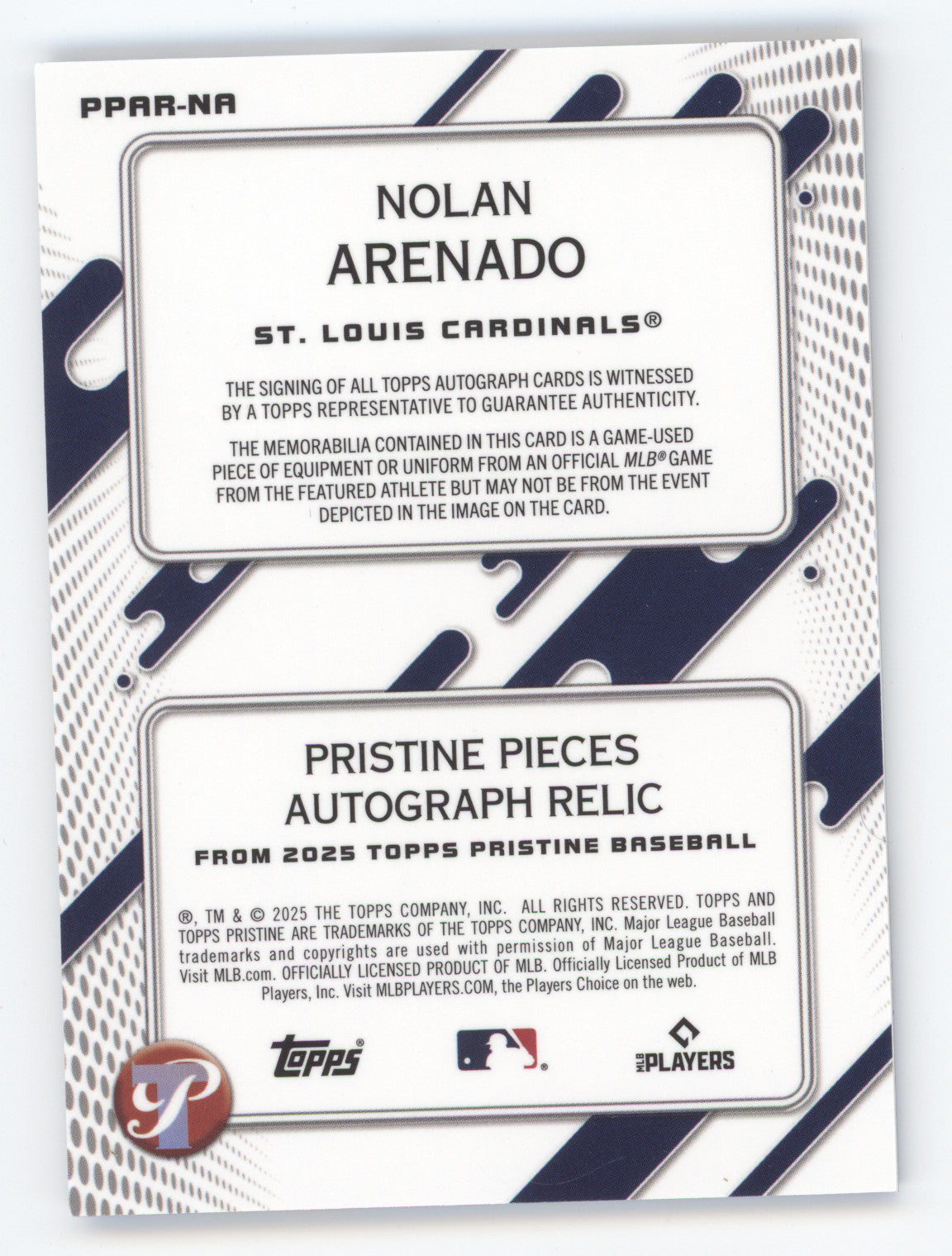 2025 Topps Pristine Nolan Arenado #PPAR-NA Blue Pristine Pieces Auto Relic 16/75