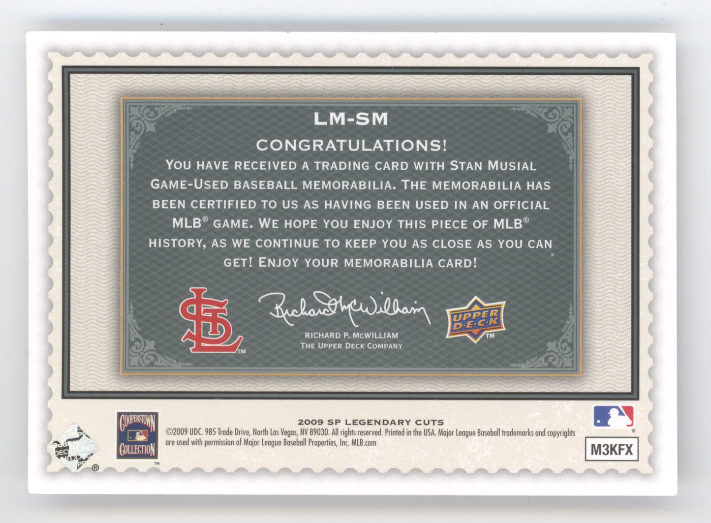 2009 Upper Deck SP Legendary Cuts Stan Musial #LM-SM Game-Used Memorabilia 56/58