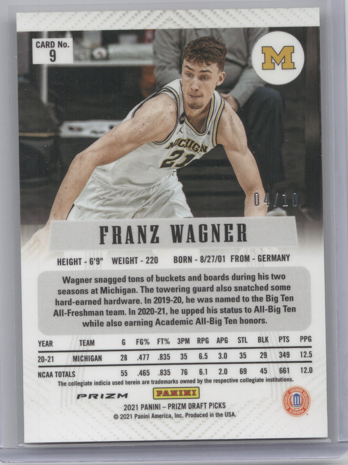 2021 Panini Prizm Draft Picks Franz Wagner #9 Gold Shimmer RC 04/10